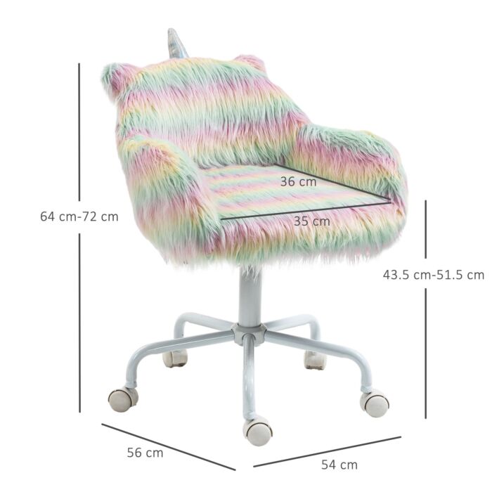 Vinsetto Unicorn Home Office Chair, Height Adjustable Fluffy Desk Chair With Armrests And Swivel Wheels, Colourful
