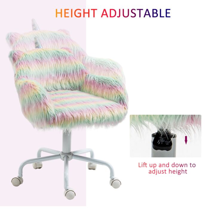 Vinsetto Unicorn Home Office Chair, Height Adjustable Fluffy Desk Chair With Armrests And Swivel Wheels, Colourful