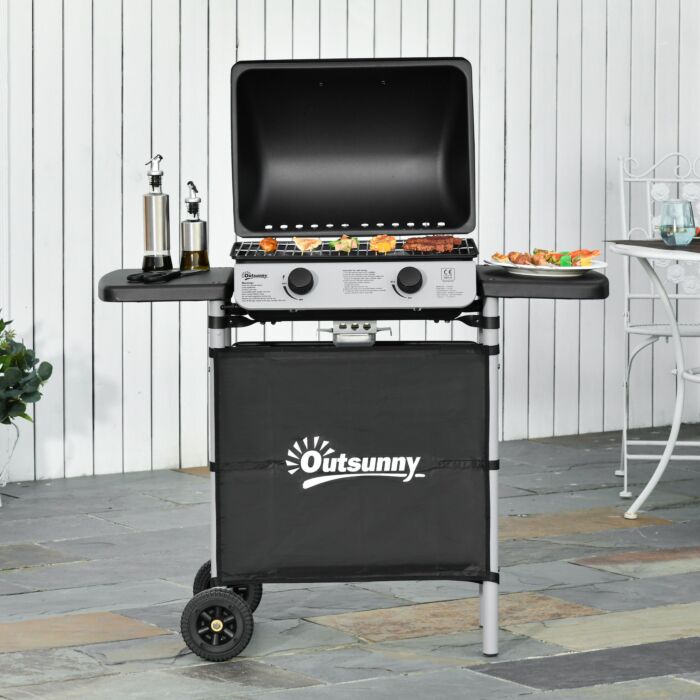 Outsunny 2 Burner Gas Barbecue Grill Propane Gas Cooking Bbq Grill 5.6 Kw With Side Shelves Wheels