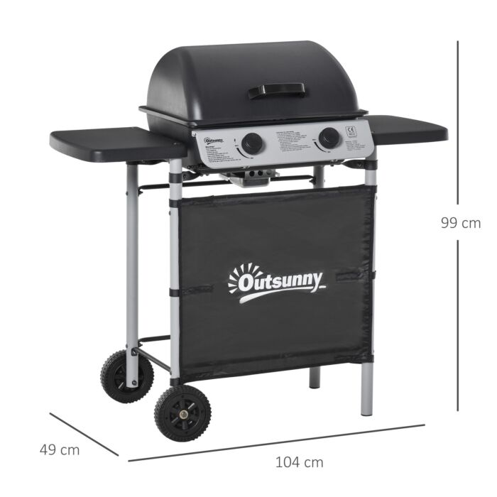 Outsunny 2 Burner Gas Barbecue Grill Propane Gas Cooking Bbq Grill 5.6 Kw With Side Shelves Wheels