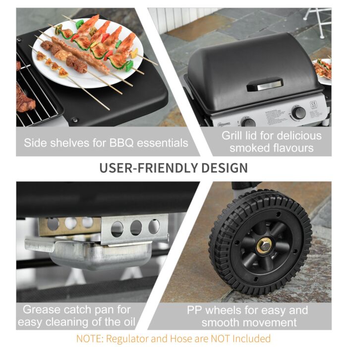 Outsunny 2 Burner Gas Barbecue Grill Propane Gas Cooking Bbq Grill 5.6 Kw With Side Shelves Wheels