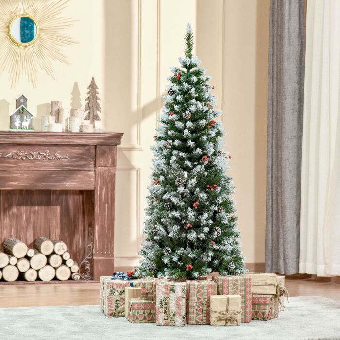 Homcom 5ft Pencil Christmas Tree With Red Berries And Pinecones Holiday Home Indoor Decoration With Foldable Feet, Green