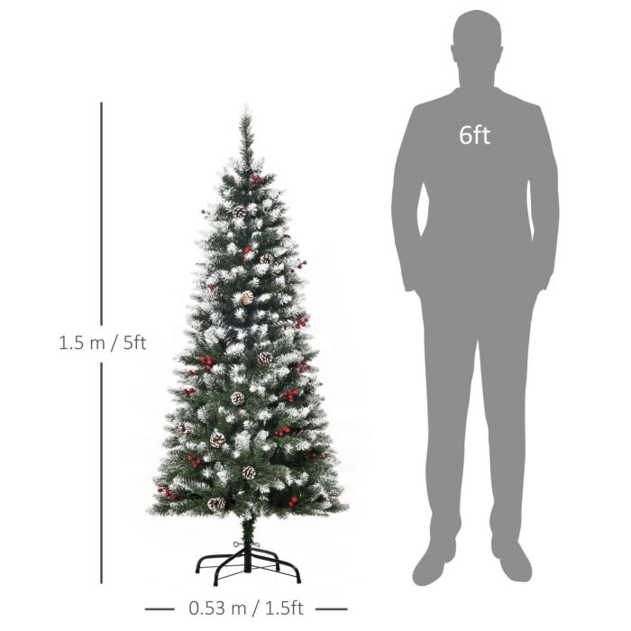 Homcom 5ft Pencil Christmas Tree With Red Berries And Pinecones Holiday Home Indoor Decoration With Foldable Feet, Green