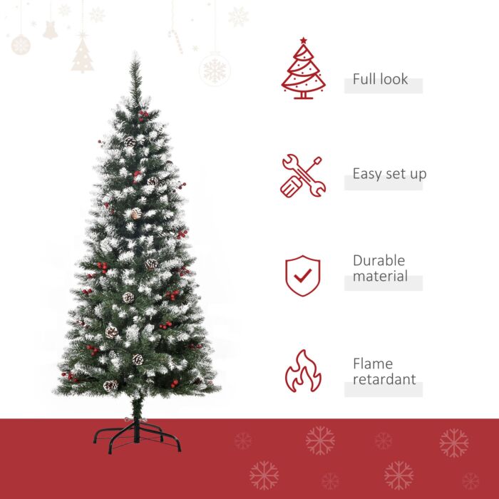 Homcom 5ft Pencil Christmas Tree With Red Berries And Pinecones Holiday Home Indoor Decoration With Foldable Feet, Green