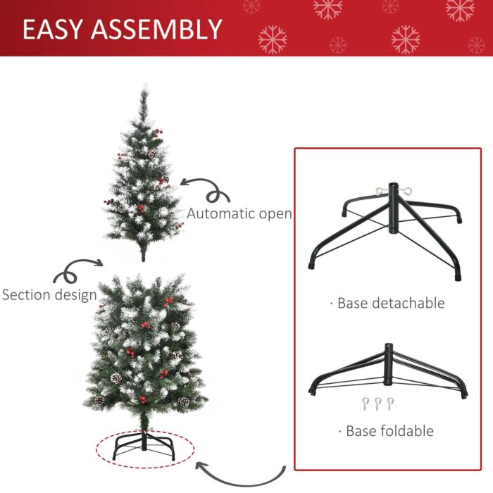 Homcom 5ft Pencil Christmas Tree With Red Berries And Pinecones Holiday Home Indoor Decoration With Foldable Feet, Green