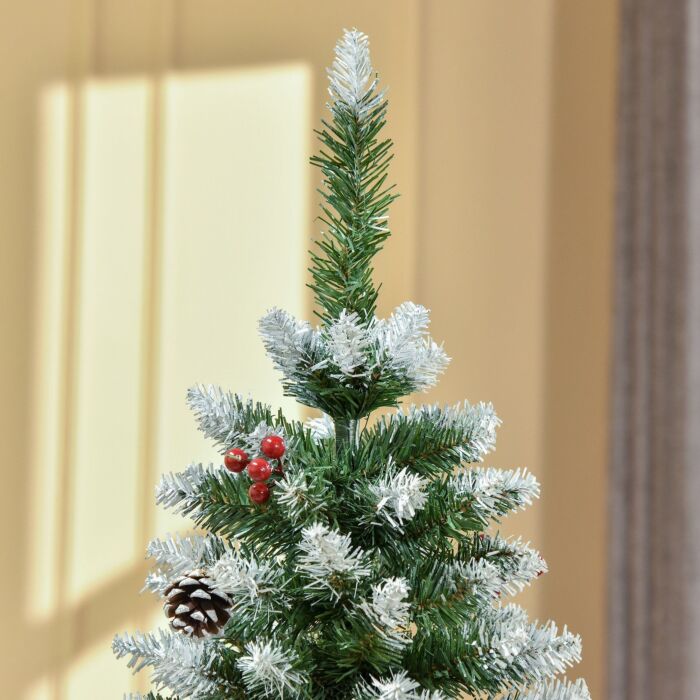 Homcom 5ft Pencil Christmas Tree With Red Berries And Pinecones Holiday Home Indoor Decoration With Foldable Feet, Green