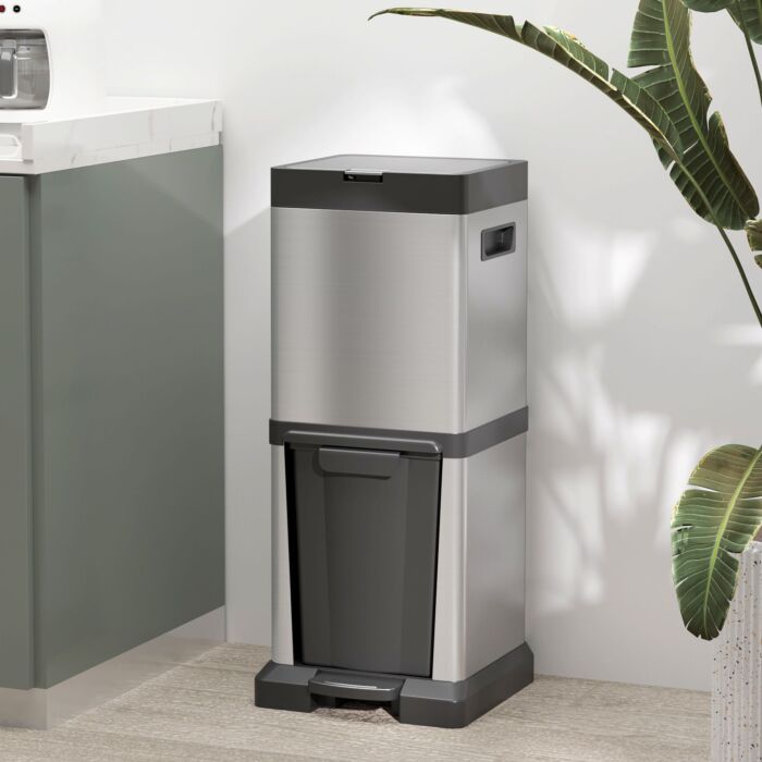 Homcom Dual Kitchen Bin, 20+14l Double Bin, Stainless Steel Vertical Pedal Bin With Tilt Out Bin, Soft-close Lid, Removable Inner Buckets And Handles, Silver
