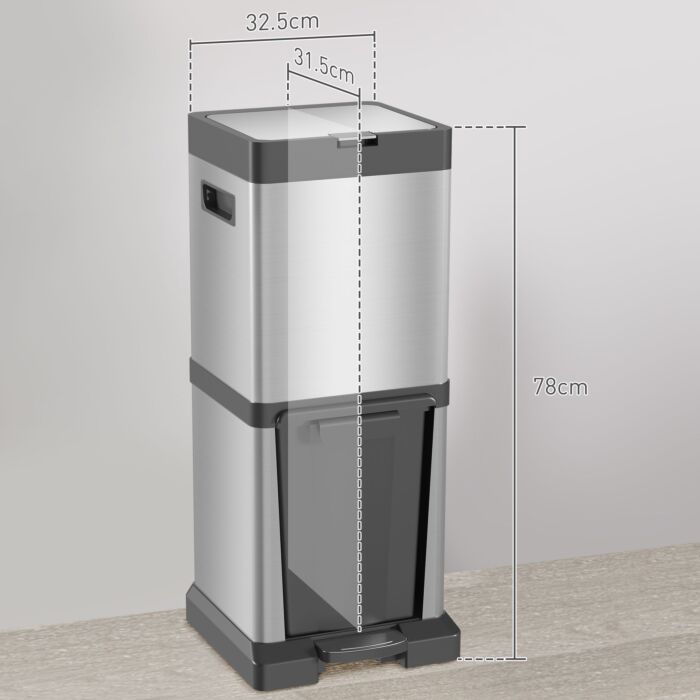 Homcom Dual Kitchen Bin, 20+14l Double Bin, Stainless Steel Vertical Pedal Bin With Tilt Out Bin, Soft-close Lid, Removable Inner Buckets And Handles, Silver