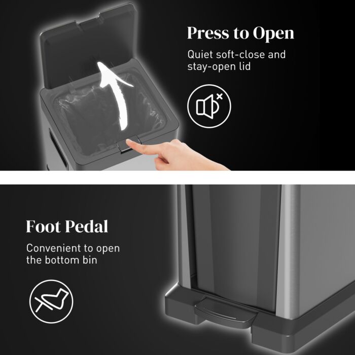 Homcom Dual Kitchen Bin, 20+14l Double Bin, Stainless Steel Vertical Pedal Bin With Tilt Out Bin, Soft-close Lid, Removable Inner Buckets And Handles, Silver