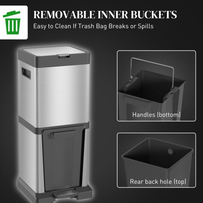Homcom Dual Kitchen Bin, 20+14l Double Bin, Stainless Steel Vertical Pedal Bin With Tilt Out Bin, Soft-close Lid, Removable Inner Buckets And Handles, Silver