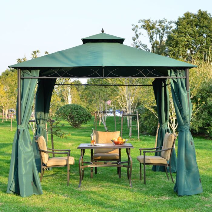 Outsunny 3(m) X 3(m) Metal Garden Gazebo Marquee Party Tent Patio Canopy Pavilion + Sidewalls - Green
