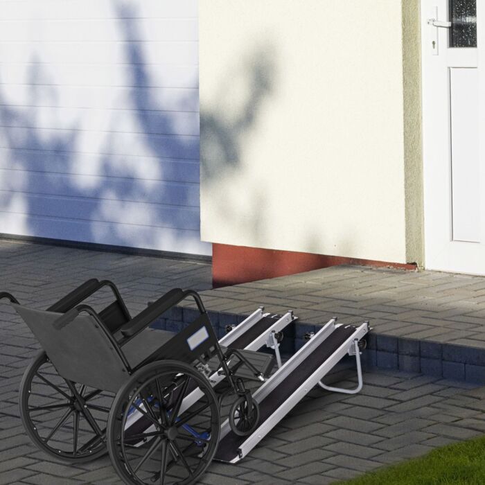 Homcom 2pcs Telescopic Wheelchair Ramps, 244l X 19.5wcm, 270kg, Folding Aluminium Door Threshold Ramps For Home, Mobility Scooters, Doorways, Steps, Stairs, With Non-slip Surface, Carrying Bag