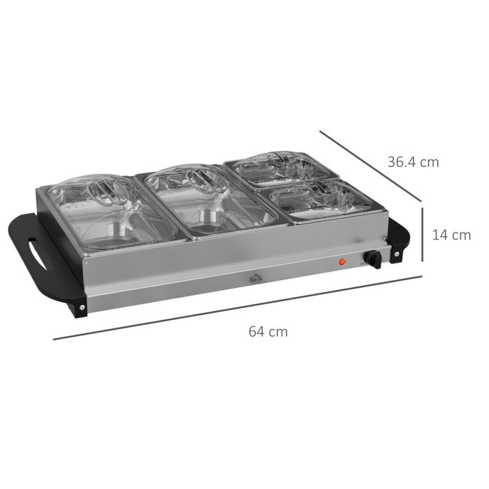 Homcom 4 Tray Electric Food Warmer Buffet Server With Plate Warmer Function, Cool Touch Handles, Adjustable Temperature, 300w