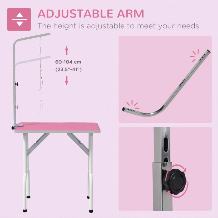 Pawhut 32" Foldable Dog Grooming Table Pet Drying Beauty Table Adjustable Fixed Arm Rubber Top, Pink