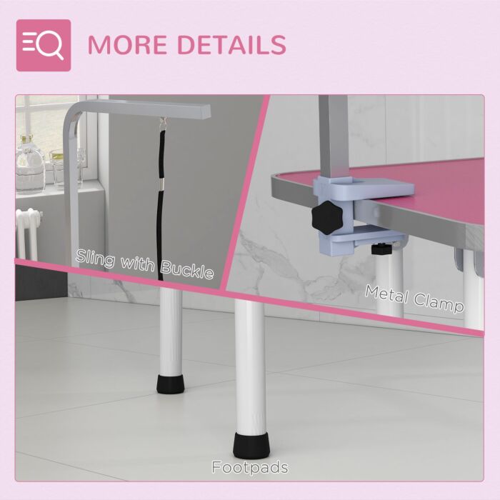 Pawhut 32" Foldable Dog Grooming Table Pet Drying Beauty Table Adjustable Fixed Arm Rubber Top, Pink