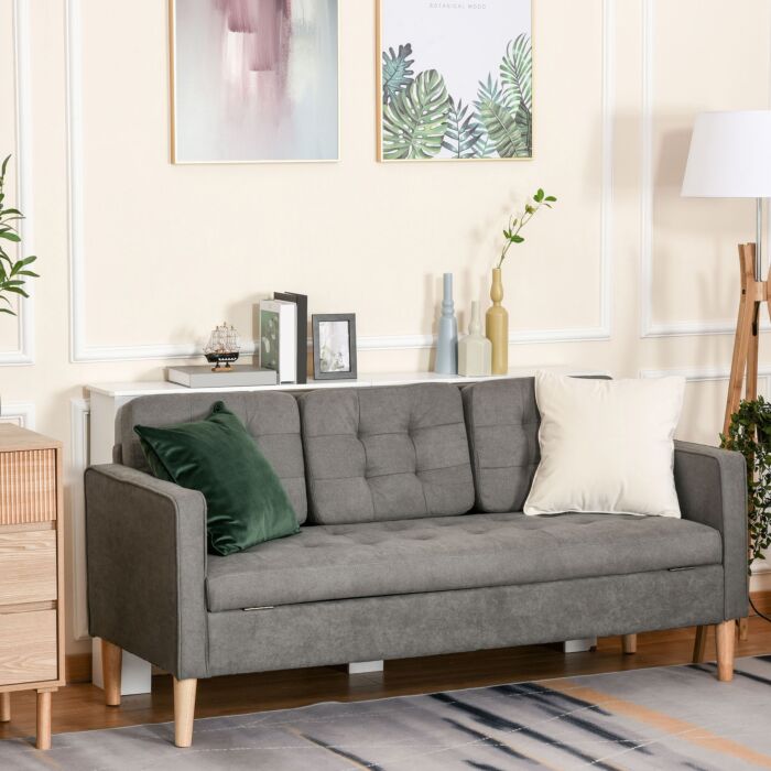 Homcom Modern 3-seater Sofa Button-tufted Fabric Couch With Hidden Storage Rubberwood Legs, Grey