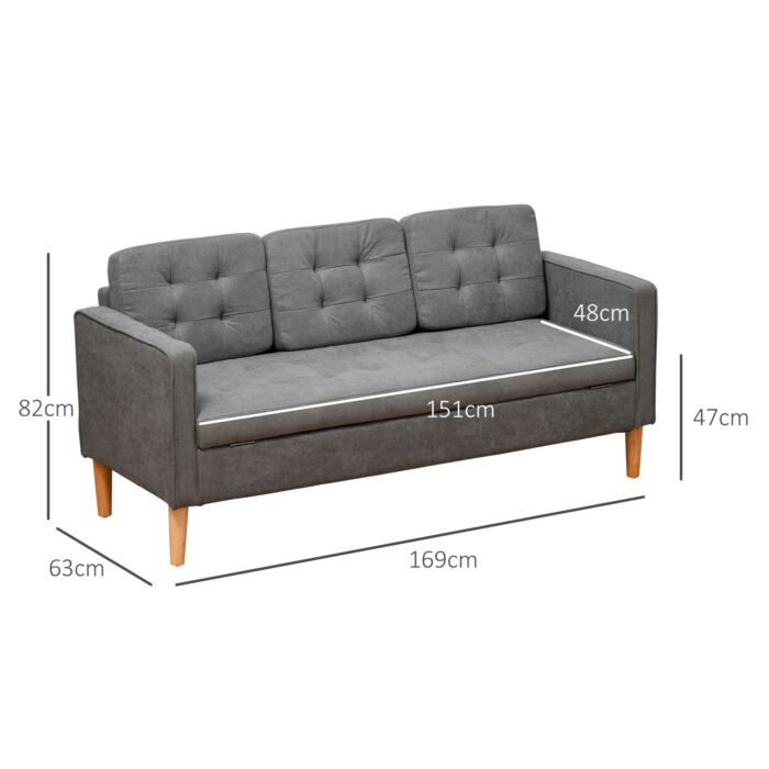 Homcom Modern 3-seater Sofa Button-tufted Fabric Couch With Hidden Storage Rubberwood Legs, Grey