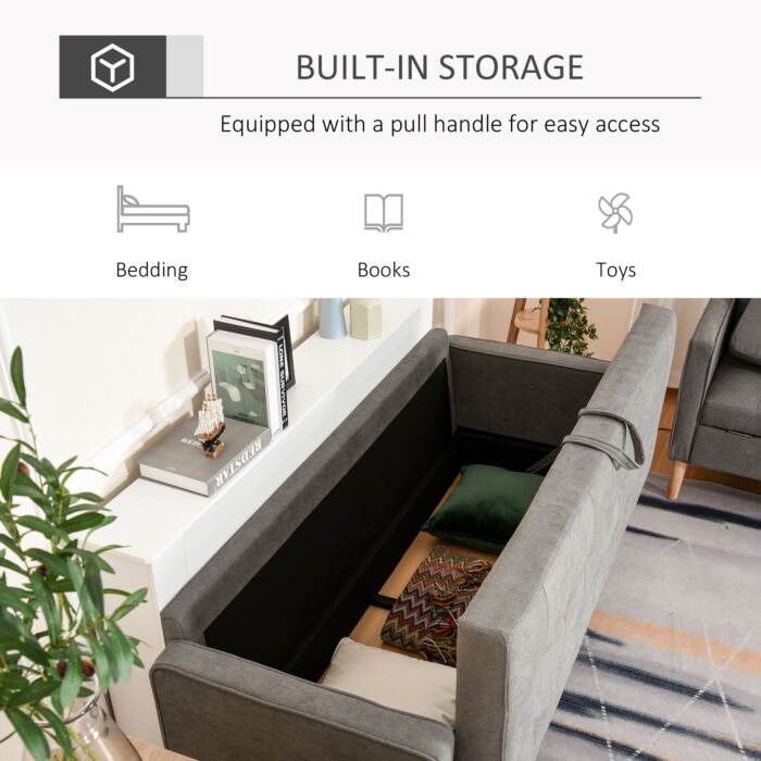 Homcom Modern 3-seater Sofa Button-tufted Fabric Couch With Hidden Storage Rubberwood Legs, Grey