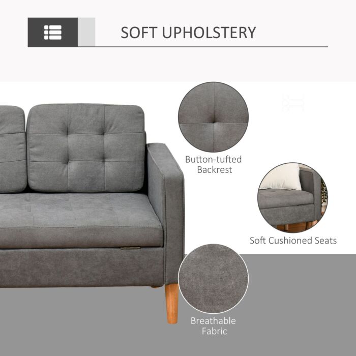 Homcom Modern 3-seater Sofa Button-tufted Fabric Couch With Hidden Storage Rubberwood Legs, Grey