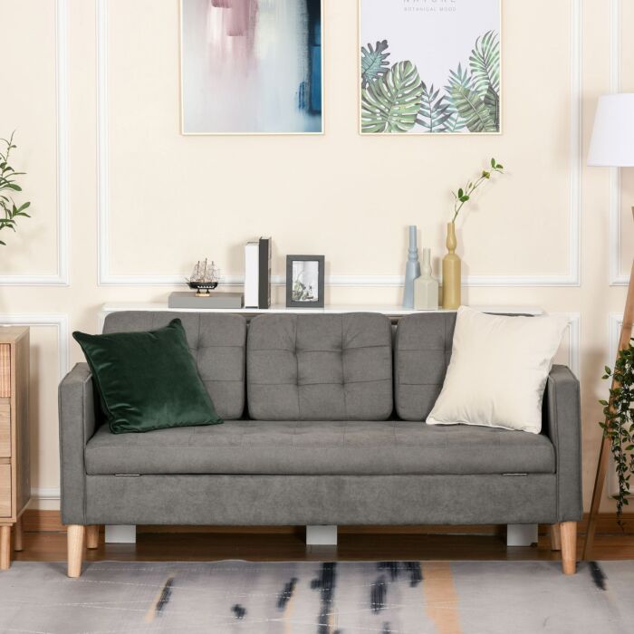 Homcom Modern 3-seater Sofa Button-tufted Fabric Couch With Hidden Storage Rubberwood Legs, Grey