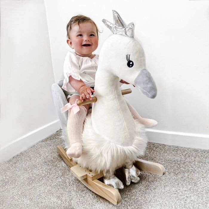 Homcom Kids Plush Ride-on Rocking Animal Horse Swan-shaped Toy Rocker With Realistic Sounds For Toddler 18-36 Months