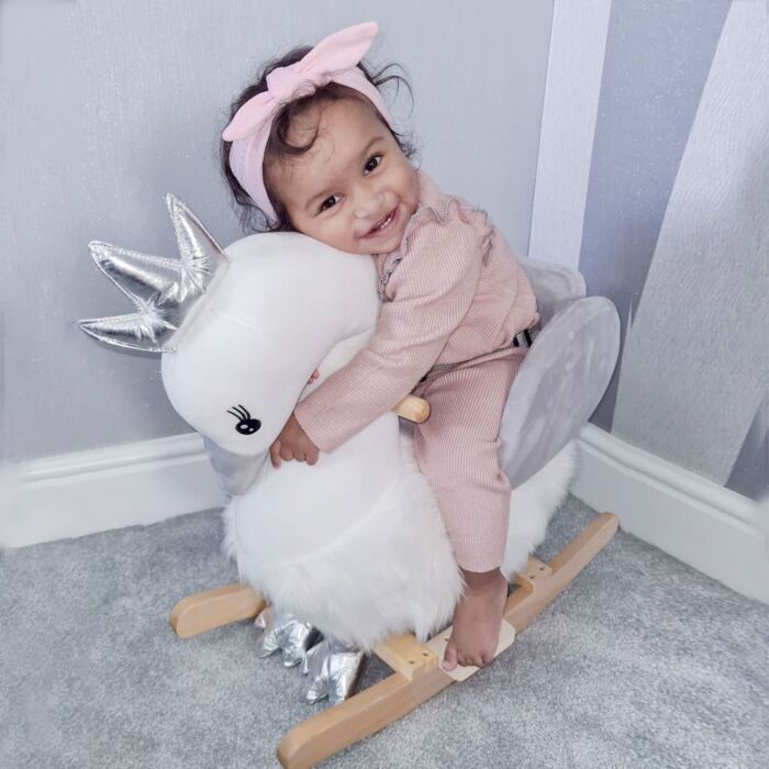 Homcom Kids Plush Ride-on Rocking Animal Horse Swan-shaped Toy Rocker With Realistic Sounds For Toddler 18-36 Months