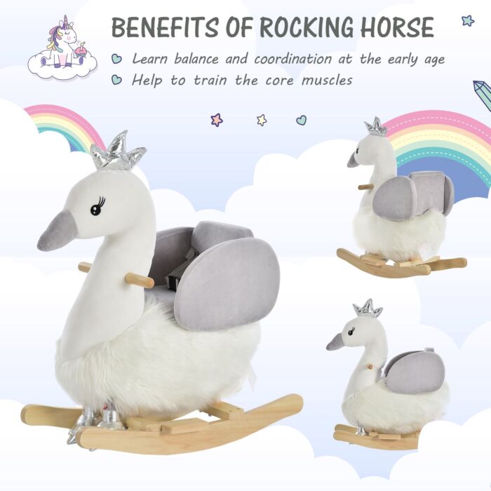 Homcom Kids Plush Ride-on Rocking Animal Horse Swan-shaped Toy Rocker With Realistic Sounds For Toddler 18-36 Months