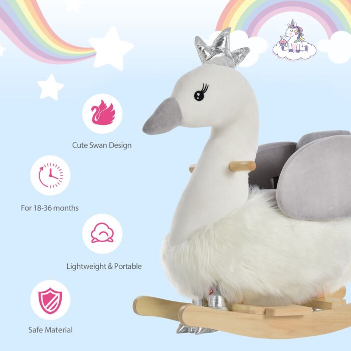 Homcom Kids Plush Ride-on Rocking Animal Horse Swan-shaped Toy Rocker With Realistic Sounds For Toddler 18-36 Months