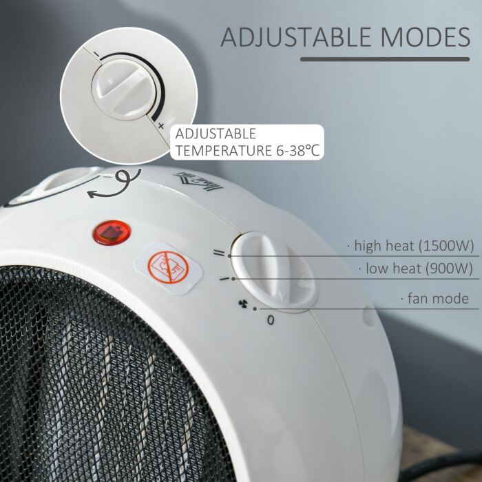 Homcom Small Space Heater, Ceramic Electric Heater With 3 Heating Mode, Adjustable Temperature, Tip-over & Overheating Protection, 900w/1500w