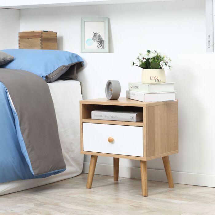 Homcom Bedside Table, Bedside Cabinet With Drawer And Shelf, Modern Nightstand, End Table, Natural