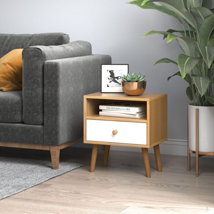Homcom Bedside Table, Bedside Cabinet With Drawer And Shelf, Modern Nightstand, End Table, Natural