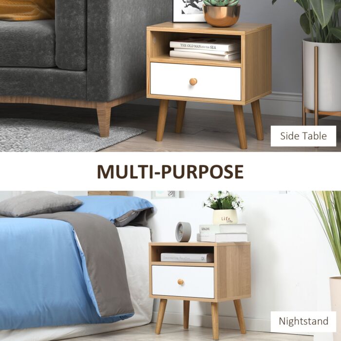 Homcom Bedside Table, Bedside Cabinet With Drawer And Shelf, Modern Nightstand, End Table, Natural