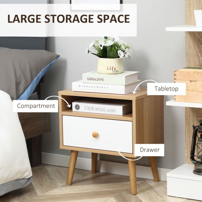 Homcom Bedside Table, Bedside Cabinet With Drawer And Shelf, Modern Nightstand, End Table, Natural