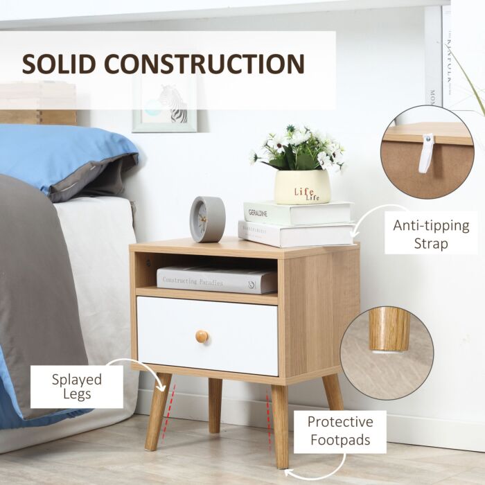 Homcom Bedside Table, Bedside Cabinet With Drawer And Shelf, Modern Nightstand, End Table, Natural
