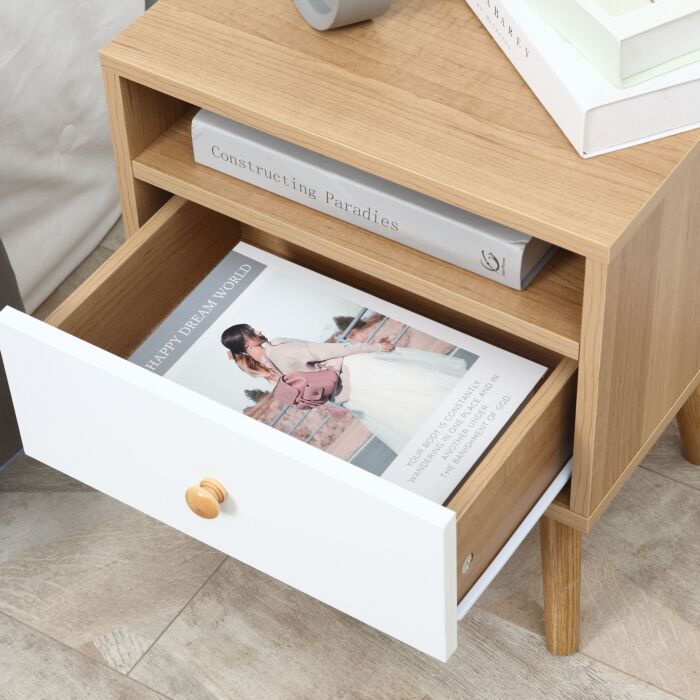 Homcom Bedside Table, Bedside Cabinet With Drawer And Shelf, Modern Nightstand, End Table, Natural