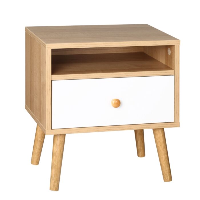 Homcom Bedside Table, Bedside Cabinet With Drawer And Shelf, Modern Nightstand, End Table, Natural