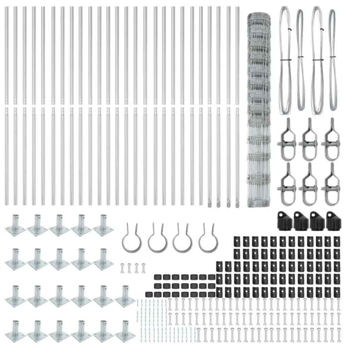 Vidaxl Field Fence 1.5x50 M Galvanised Steel, Vidaxl Fence Posts With Base Plates 13 Pcs Ø32mm 83.5cm Galvanised Steel