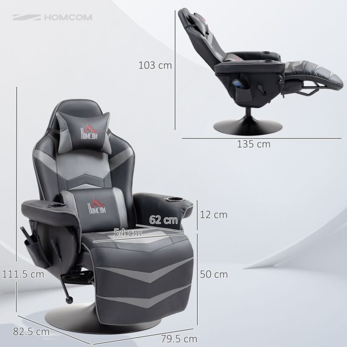 Homcom Massage Recliner Chair With Remote, Pu Leather Recliner Armchair With Cup Holders And Side Pockets, Racing Style Reclining Chair With Headrest, 360° Swivel, Lumbar Support, Grey