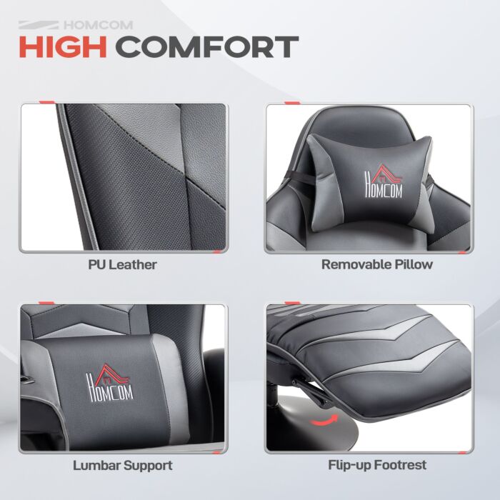 Homcom Massage Recliner Chair With Remote, Pu Leather Recliner Armchair With Cup Holders And Side Pockets, Racing Style Reclining Chair With Headrest, 360° Swivel, Lumbar Support, Grey