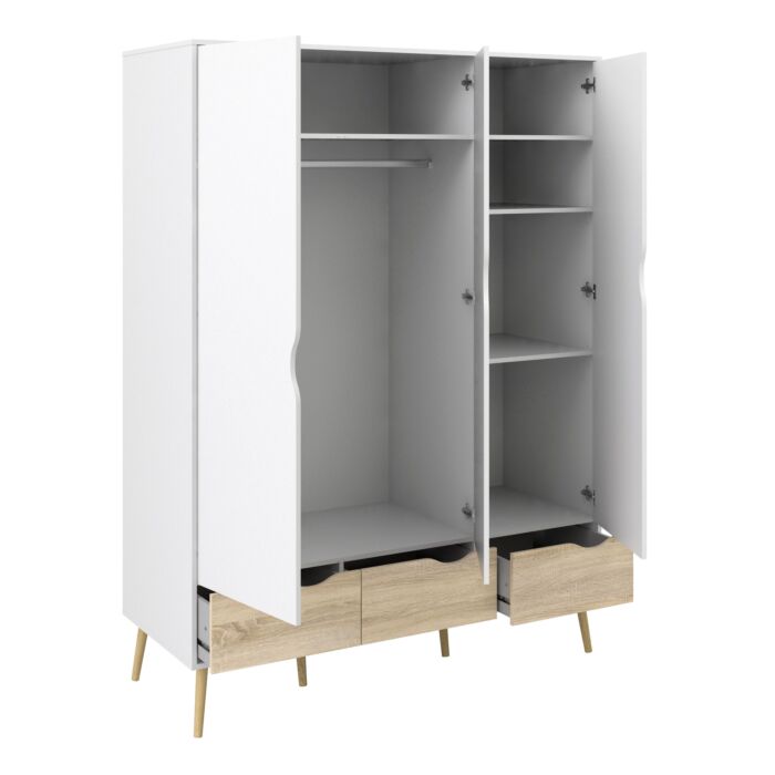 Oslo Wardrobe 3 Doors 3 Drawers In White And Oak