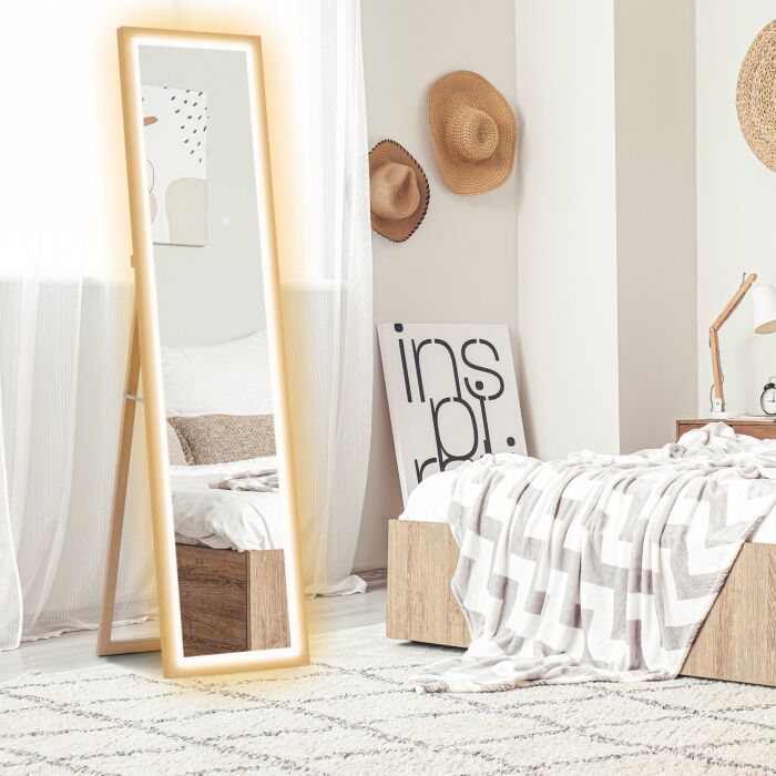 Homcom Full Length Mirror, With Adjustable Outer Light, Oak