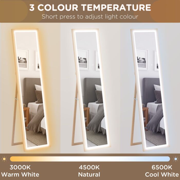 Homcom Full Length Mirror, With Adjustable Outer Light, Oak