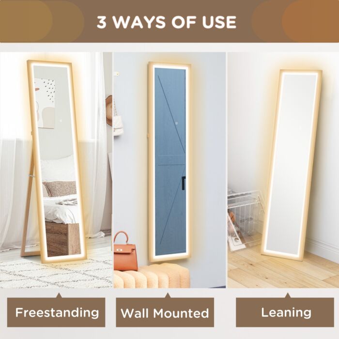 Homcom Full Length Mirror, With Adjustable Outer Light, Oak