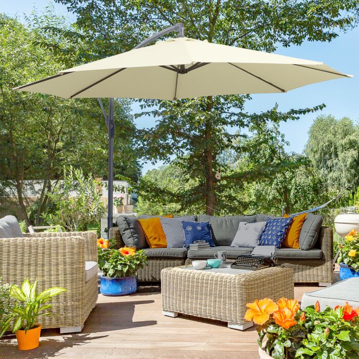 Outsunny 3m Parasol Cantilever Parasol Patio Banana Hanging Umbrella Sun Shade With Crank & Tilt, 8 Ribs And Cross Base, Cream White