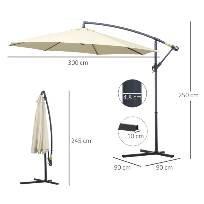 Outsunny 3m Parasol Cantilever Parasol Patio Banana Hanging Umbrella Sun Shade With Crank & Tilt, 8 Ribs And Cross Base, Cream White
