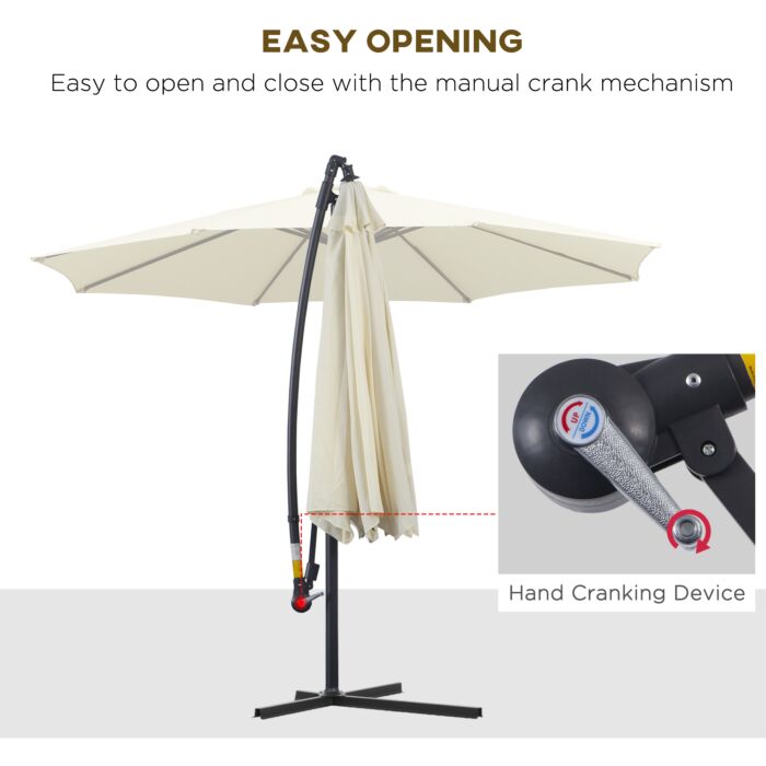 Outsunny 3m Parasol Cantilever Parasol Patio Banana Hanging Umbrella Sun Shade With Crank & Tilt, 8 Ribs And Cross Base, Cream White