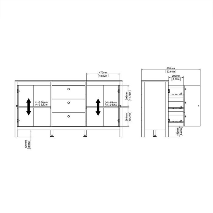 Madrid Sideboard 2 Doors + 3 Drawers In Matt Black