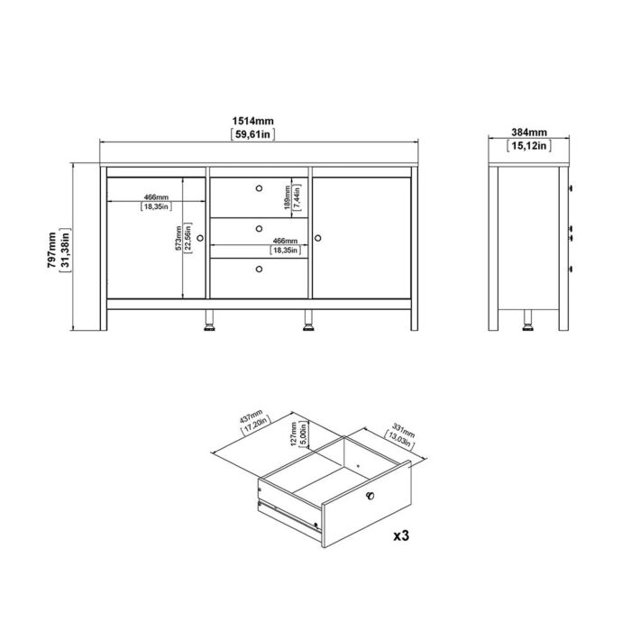 Madrid Sideboard 2 Doors + 3 Drawers In Matt Black
