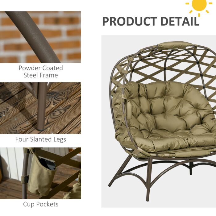Outsunny 2 Seater Egg Chair Outdoor, Folding Weave Garden Furniture Chair With Cushion, Cup Pockets - Khaki