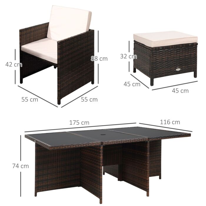 Outsunny Outdoor 11pc Rattan Garden Furniture Patio Dining Set 10-seater Cube Sofa Weave Wicker 6 Chairs 4 Footrests & 1 Table Mixed Brown
